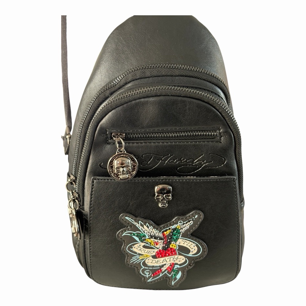 Ed Hardy True Til Death Sling Bag Black Skull Rhinestone Crossbody Y2K NWT